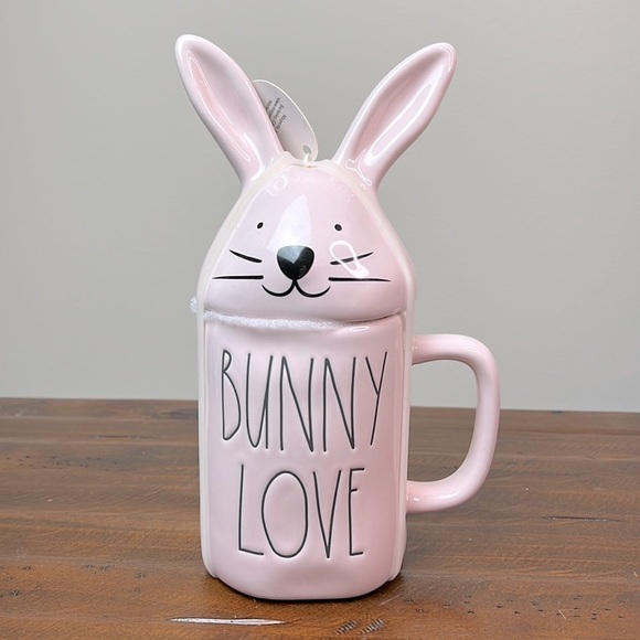 Rae Dunn “Bunny Love” Pink Figural Mug with Topper - Picture 1 of 8